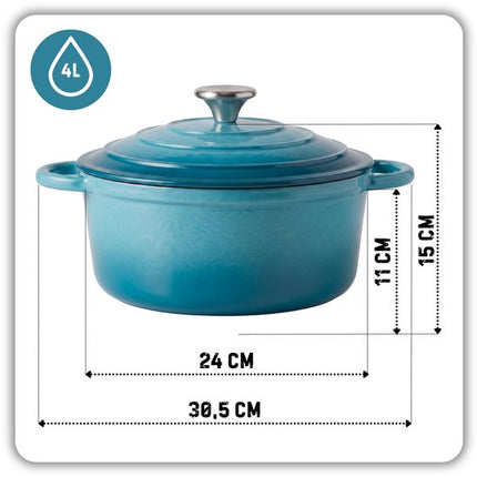 Hage - Gietijzeren Kookpan - Geëmailleerde Pan met Deksel - Inductie - Gas - Elektrisch - Keramisch - Ovenbestendig - Inclusief 2 Hittebestendige Pannenlappen - Warmtebehoud - Voor Koken, Braden en Stoven - 24cm - 4 Liter - Azuurblauw - Braadpan