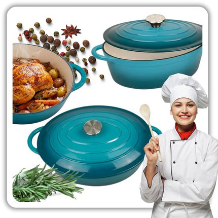 Hage - Gietijzeren Braadpan - Emaille Stoofpan met Deksel - Ovale Braadpan voor Oven en Inductie - Gietijzeren Sudderpan voor Braden, Stoven en Bakken - Warmtevaste Kookpan - 6 Liter - Azuurblauw - Dutch Oven