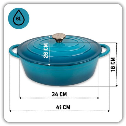 Hage - Gietijzeren Braadpan - Emaille Stoofpan met Deksel - Ovale Braadpan voor Oven en Inductie - Gietijzeren Sudderpan voor Braden, Stoven en Bakken - Warmtevaste Kookpan - 6 Liter - Azuurblauw - Dutch Oven