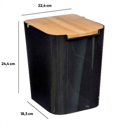 5Five prullenbak/vuilnisbak - 5 liter - bamboe - zwart/lichtbruin - 24 x 19 cm - badkamer afvalbak