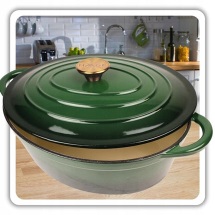 Hage - Gietijzeren Braadslede - Geëmailleerde Ovenbraadpan met Deksel - Voor Braden, Stoven & Ovenschotels - Geschikt voor Inductie, Gas & Oven - Inclusief Pannenhouder & Handbeschermers - 6 Liter - 34 x 26 x 18 cm - Flesgroen