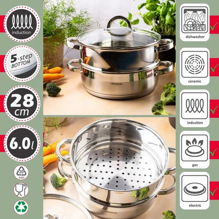 Klausberg - Stoompan - 3-delige RVS Stoomkookset - Stoominzet - Glazen Deksel - Inductie - Gas - Elektrisch - RVS - 6 Liters - 28 cm - Zilver