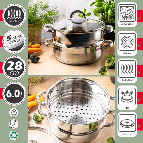 Klausberg - Stoompan - 3-delige RVS Stoomkookset - Stoominzet - Glazen Deksel - Inductie - Gas - Elektrisch - RVS - 6 Liters - 28 cm - Zilver