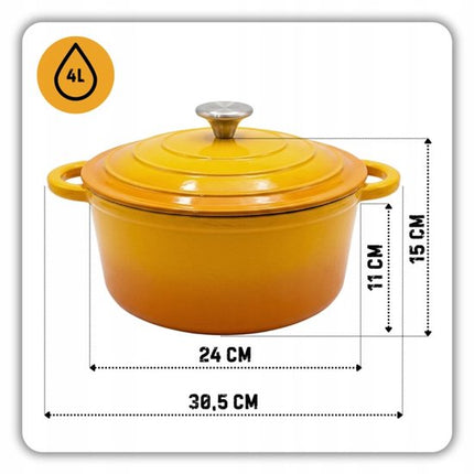 Hage - Pannenset - Keukenset - Gietijzeren Pannenset - 3 Delig - 4 L Kookpan met Deksel - 6 L Braadpan met Deksel - 26 cm Koekenpan - Geëmailleerd Gietijzer - Inductie - Oven - Mosterdgeel