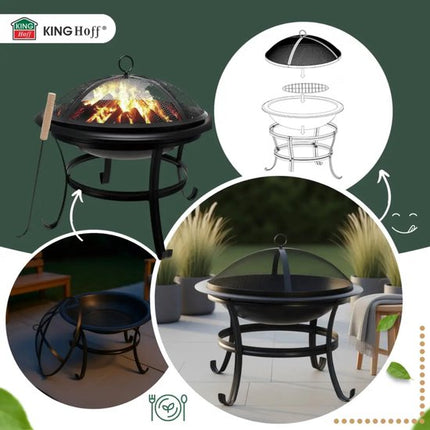 KINGHoff - Vuurkorf - Tuinhaard Buiten met Grill - Terras Vuurplaats met Vonkenscherm - Houtskool Vuurkorf Tuin - Inclusief Pook - Metaal - Ø54.5 x 53 cm - Zwart
