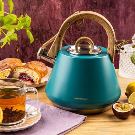 Klausberg - KB-9063 - Fluitketel 2.5L - RVS Waterketel - Matte Afwerking - Met Fluit - Afneembaar Deksel - Inductie - Gas - Elektrisch - Keramisch - Theeketel voor Koffie en Thee - Brede Voet - Turquoise Blauw