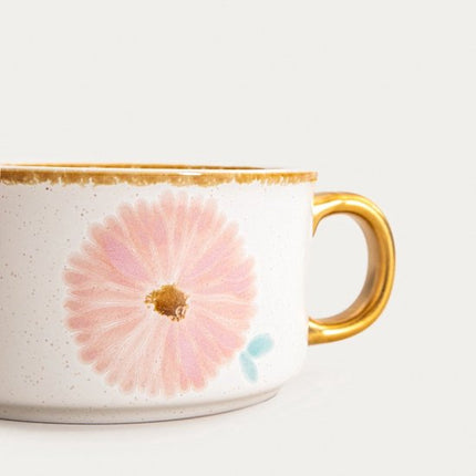 Homla Meren serveerschaal set van 2 met gouden handgreep, crème met roze bloemenmotief, 0,6 liter