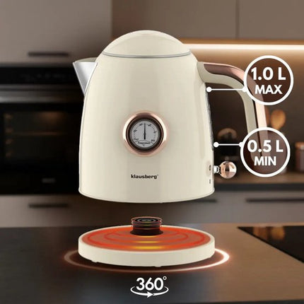 Klausberg - Waterkoker - Retro Waterkoker - Kleine Elektrische Waterkoker - Thee Waterkoker met Thermometer - Compacte Waterkoker Design - Keukenapparaat - 1L - 1200W - RVS - Crème
