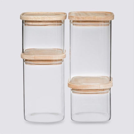 Set van 4 voorraadbussen/voorraadpotten glas met houten deksel - 500 ml - 1000 ml - Voorraadpotten met luchtdichte deksel