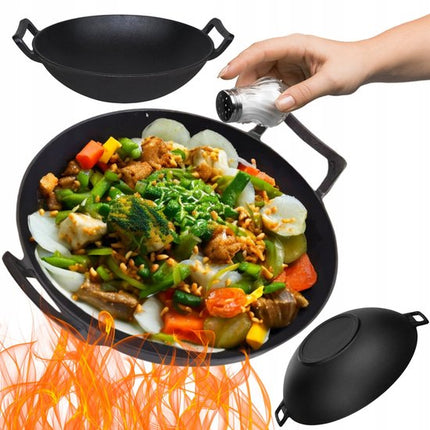 Hage - Gietijzeren Wok - Wokpan - Pan - Wokpan met 2 Handgrepen - Massief Gietijzer - Inductie - Gas - Elektrisch - Keramisch - Ovenbestendig - Warmteverdeling - Voor Roerbakken, Braden, Stoven en Aziatische Gerechten - Ø31 cm - Zwart