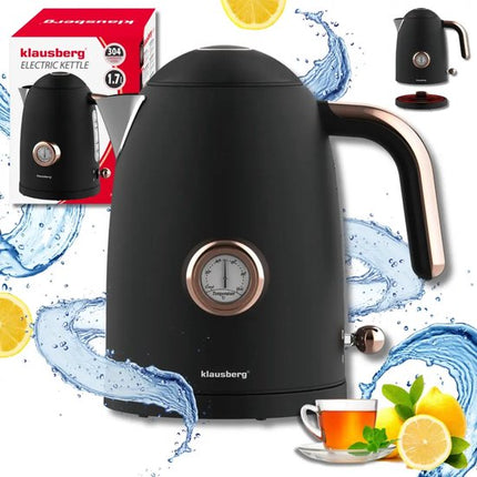 Klausberg - Waterkoker - Retro Waterkoker - Elektrische Waterkoker met Thermometer - Design Waterkoker met Rose Gold - Grote Waterkoker Keuken - Thee & Koffie Koker - 1.7L - RVS - 2200W - Zwart