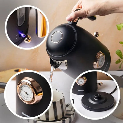 Klausberg - Waterkoker - Retro Waterkoker - Elektrische Waterkoker met Thermometer - Design Waterkoker met Rose Gold - Grote Waterkoker Keuken - Thee & Koffie Koker - 1.7L - RVS - 2200W - Zwart