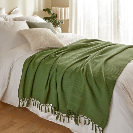 Atmosphera Plaid - donkergroen - 230 x 250 cm - katoen - met franjes - bedsprei - kleed - dekentje