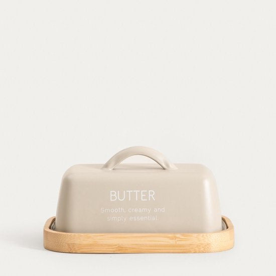 Homla - Flora Botervloot met Houten Onderzetter - Butter Dish Metaal met Deksel - Boter Serveren en Bewaren Keuken - Stijlvolle Boterschaal met Hout - 0.35L - 15.5 x 10.5 x 6.5 cm - Beige