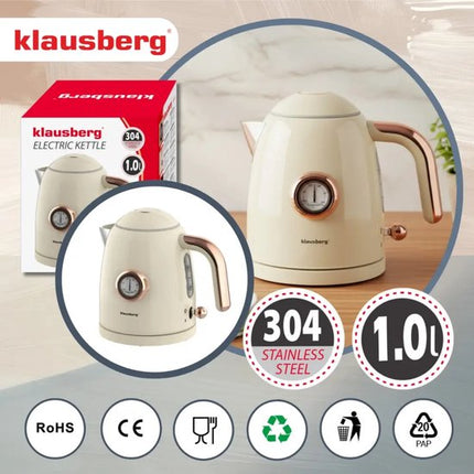 Klausberg - Waterkoker - Retro Waterkoker - Kleine Elektrische Waterkoker - Thee Waterkoker met Thermometer - Compacte Waterkoker Design - Keukenapparaat - 1L - 1200W - RVS - Crème
