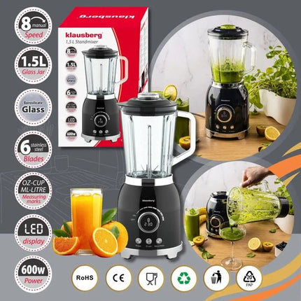 Klausberg - Blender - Smoothie Maker met LED Display - IJscrusher - Glazen Blender met 6 RVS Messen - Smoothie Blender met Timer - Keuken Blender 8 Snelheden - Crushed Ice Mixer - 1.5L - 600W - Zwart