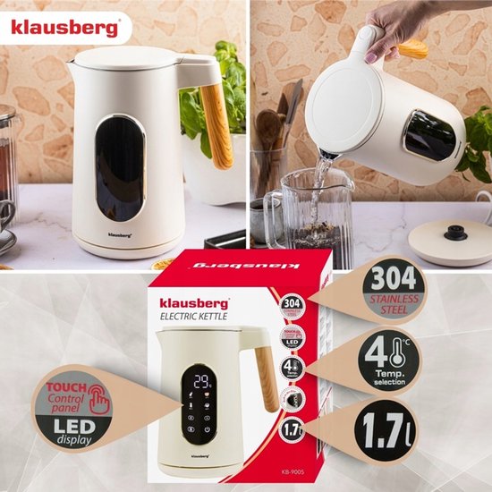 KLAUSBERG KB-9005 Elektrische Waterkoker 1,7 Liter – RVS 304 – Touch Display – Temperatuurregeling – 2200W