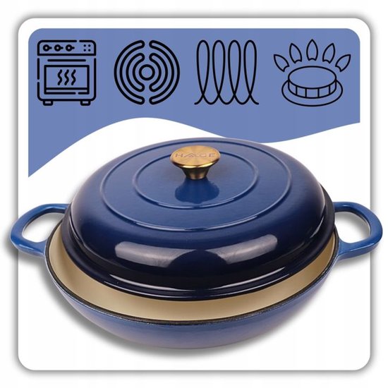 Hage - Braadpan - Geëmailleerde Gietijzeren Braadpan - Cast Iron Casserole - Geschikt voor Inductie, Gas & Oven - Inclusief Pannenonderzetter & Handgreepbeschermers - 3 Liters - Ø30 x 10.5 cm - Blauw