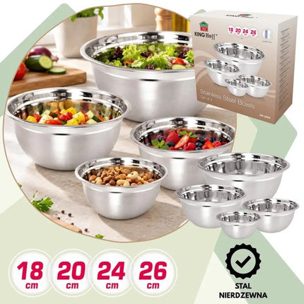Kinghoff - KH-2059 - 4-Delig Keukenschalen - Mengkommen voor Bakken, Salades & Marineren - Roestvrijstalen Schalen - Nestbaar & Ruimtebesparend - Voor Keuken, Catering & Horeca - RVS - Ø18, 20, 24, 26 cm - Zilver