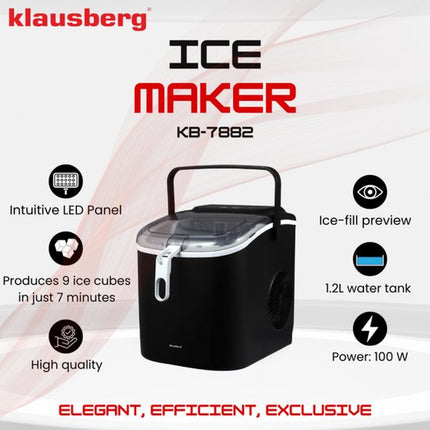 KLAUSBERG KB-7882 Automatische IJsblokjesmaker – 12 kg/dag, 7-12 min Snel, 1.2L Tank, LED Display, Zelfreinigend