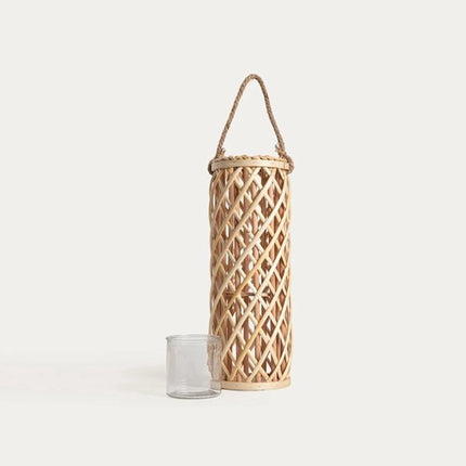 HOMLA Radiant set van 2 gevlochten houten lantaarns met handvat, 17 x 50 cm, naturel