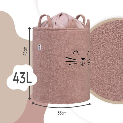 SIPO Speelgoedmand - Premium Bouclé-Editie - Opbergbak - Opbergmand - Met Drawstring Sluiting - Set van 2 - Beige Beer & Roze Kat Design - Voor Speelgoed - Kleding - Textiel - XL - 43 Liters - 35 x 35 x 45 cm - Beige & Roze