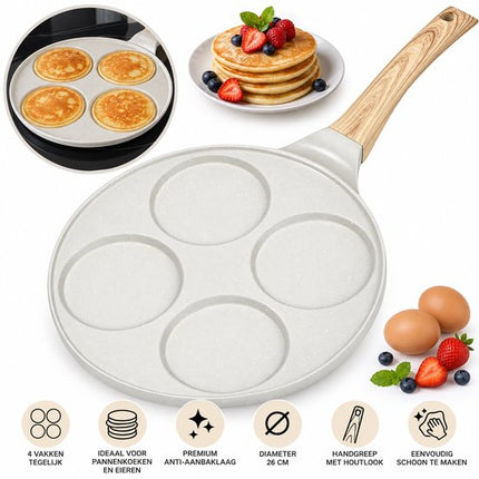 Hakal Pannenkoekenpan met 4 kop - Vakken – Ø26 cm – Anti-aanbaklaag – Pancake & Eierpan – Houtlook Handgreep – Crème