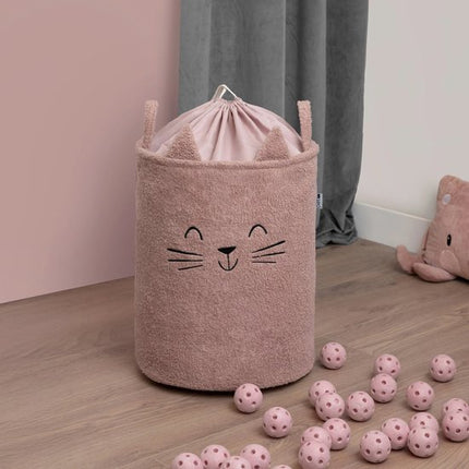 SIPO Grote Opbergmand voor Speelgoed - XL Formaat 43 Liter - Roze Boucle Stoffen Kitten Print - met Trekkoord - 45x43x5cm