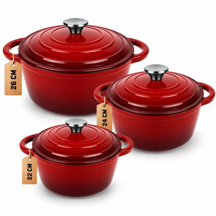 Hage - 3 Delig Braadpannenset - Gietijzeren Pannenset - Stoofpannenset - 3L, 4L en 5L met Deksel - Geëmailleerde Kookpannen - Ø22, Ø24 en Ø26 cm - Inductie - Oven - Warmtebehoud - Rood