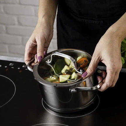 Vcasa kookpan 16 cm met glazen afgietdeksel en maataanduiding, 1,8 liter, rvs