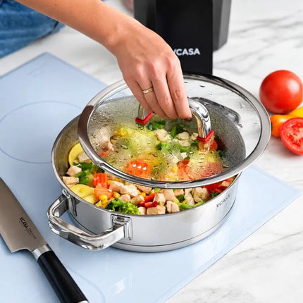 Vcasa lage rvs braadpan 24 cm met glazen afgietdeksel, 2,7 liter