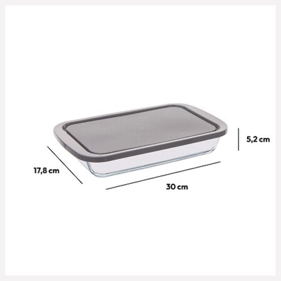 Glazen Ovenschaal Set - Set van 3 - Ovenschalen met Deksel - Magnetronbestendig - Voor Bakken, Bewaren en Opwarmen - Rechthoekige, Ovale en Ronde Bakschaal - Grijs & Transparant