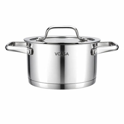 Vcasa kookpan 16 cm met glazen afgietdeksel en maataanduiding, 1,8 liter, rvs