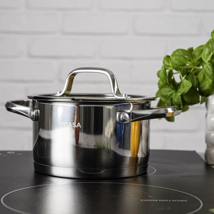 Vcasa kookpan 16 cm met glazen afgietdeksel en maataanduiding, 1,8 liter, rvs