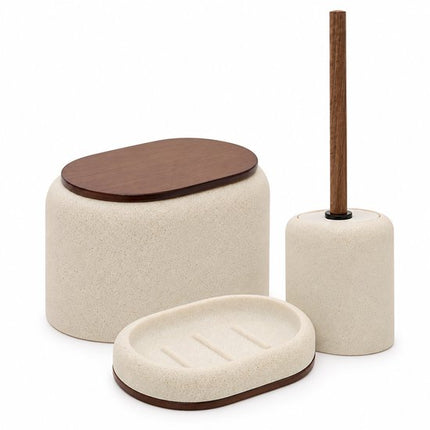 3-Delig Badkamer Accessoireset - Badkamerdecoratie - Badkamer Set - Toiletaccessoires - Wattenschijfjeshouder 10,2 cm - Toiletborstel 39 cm - Zeepschaal 13 cm - Zeepbakje - Polyresin - Beige