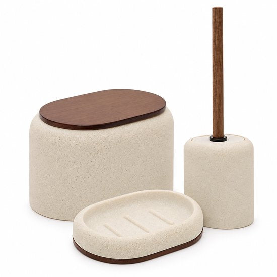3-Delig Badkamer Accessoireset - Badkamerdecoratie - Badkamer Set - Toiletaccessoires - Wattenschijfjeshouder 10,2 cm - Toiletborstel 39 cm - Zeepschaal 13 cm - Zeepbakje - Polyresin - Beige