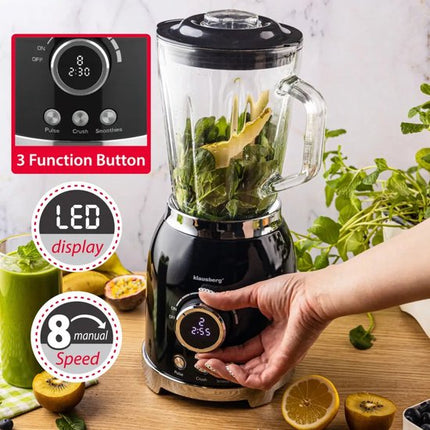 Klausberg - Blender - Smoothie Maker met LED Display - IJscrusher - Glazen Blender met 6 RVS Messen - Smoothie Blender met Timer - Keuken Blender 8 Snelheden - Crushed Ice Mixer - 1.5L - 600W - Zwart