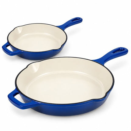 Hage - 2-Delig Koekenpannen - Gietijzeren Koekenpannen - Geëmailleerde Bakpannen - Inductie, Gas & Oven - Koekenpan voor Bakken, Braden & Stoven - Duurzaam & Gelijkmatige Warmteverdeling - Ø20 & 26 cm - Blauw