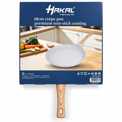 Hakal Crêpepan 28 cm – Pannenkoekenpan met Lage Rand - Premium Anti-aanbaklaag – Crème – Houtlook Handgreep
