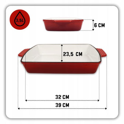 Hage - 3-Delig Keukenset - Braadschaal Gietijzer - Ovenschotel 3,5 L - Geëmailleerde Bakvorm voor Oven - Rechthoekige Vlees- en Gebakschaal - Stevige Ovenvorm met Handgrepen - Warmtebehoudend - Rood