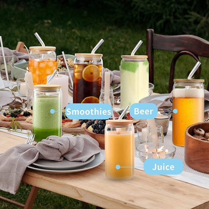 Drinkglazen met deksel en rietje, set van 6 500 ml iced coffee glas blikvorm, Bear Can cocktailglazen, blikvormige glazen bekers, beerglazen, ideal for water, cocktail, whisky, frisdrank, cadeau