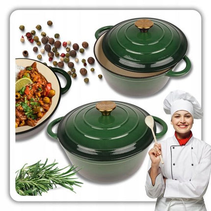 Hage - Braadpan - Geëmailleerde Gietijzeren Braadpan - Casserole - Geschikt voor Inductie, Gas & Oven - Inclusief Pannenonderzetter & Handgreepbeschermers - 3 Liter - Ø22 x 9.5 cm - Donkergroen