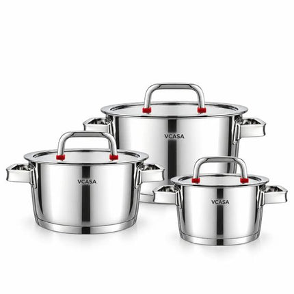 Pannenset 6-delig van 304 rvs met glazen deksels, Ø16, Ø20 en Ø24 cm