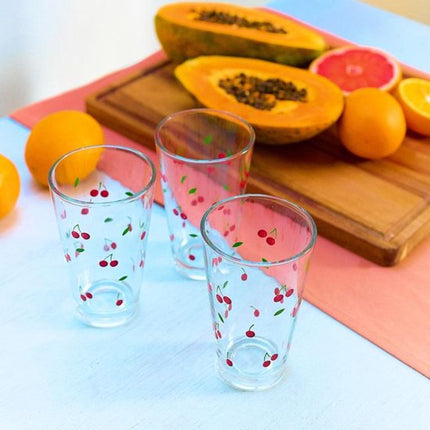 Homla - Drinkglas - Drinkglazen met Kersen Design - Set van 3 - Glazen Waterglazen - Voor Sap, Limonade, Cocktails & Frisdrank - 300 ml - Ø8 x 12 cm - Transparant