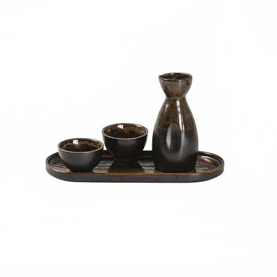 MPLCo - Ondes Sake Set - Drinkset met Karaf en 2 Kopjes - Japanse Theeset Wabi Sabi - Serviesset met Tray - Sake Servies - Zwart-Bruin