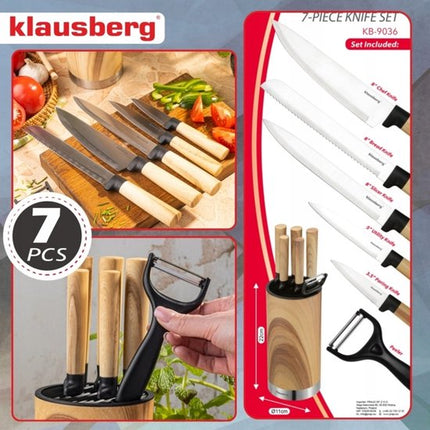 Klausberg - Messenset - 7-Delige - Keukenmessenset - 5 RVS Keukenmessen - Groenteschiller - Messenhouder - Keukenaccessoires met Dunschiller en Messenblok - Natuurlijk Houtlook