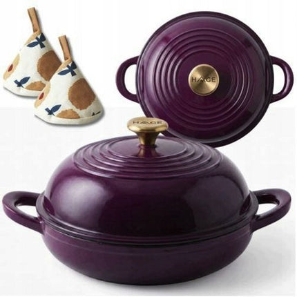 Hage - Geëmailleerde Braadpan - Gietijzeren Stoofpan met Deksel - Ovenvast & Geschikt voor Inductie, Gas en Keramische Kookplaat - Voor Brood, Gratins & Stoofgerechten - Inclusief Handbeschermers - 2Liters - Ø26 x 16.5 cm - Aubergine
