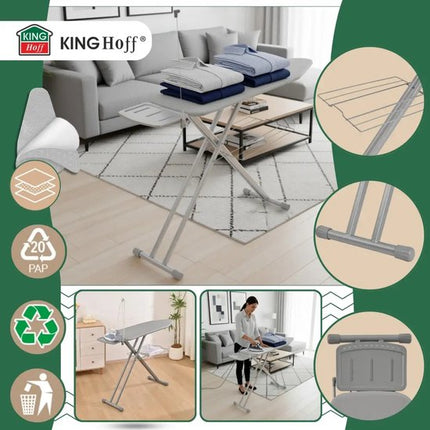 Kinghoff - Strijkplank - Grote Opvouwbare Strijkplank - Heat Reflect Technologie - Verstelbare Hoogte - Strijkplank met Strijkijzerhouder & Wasrek - Antislip Voeten - 122 x 38 cm - Grijs