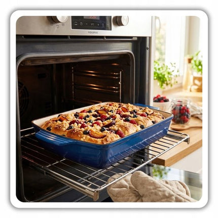 Hage - 3-Delig Keukenset - Gietijzeren Braadschaal - Geëmailleerde Ovenschaal 3,5 L - Rechthoekige Bakvorm - Braadslede voor Vlees en Ovenschotels - Ovenvorm met Handgrepen - Warmtevaste Bakvorm - Duurzaam Gietijzer - Blauw
