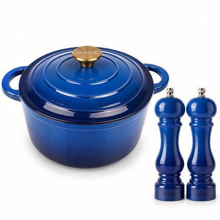 Hage 3-delige keukenset met gietijzeren pan 3 L, zoutmolen en pepermolen, blauw